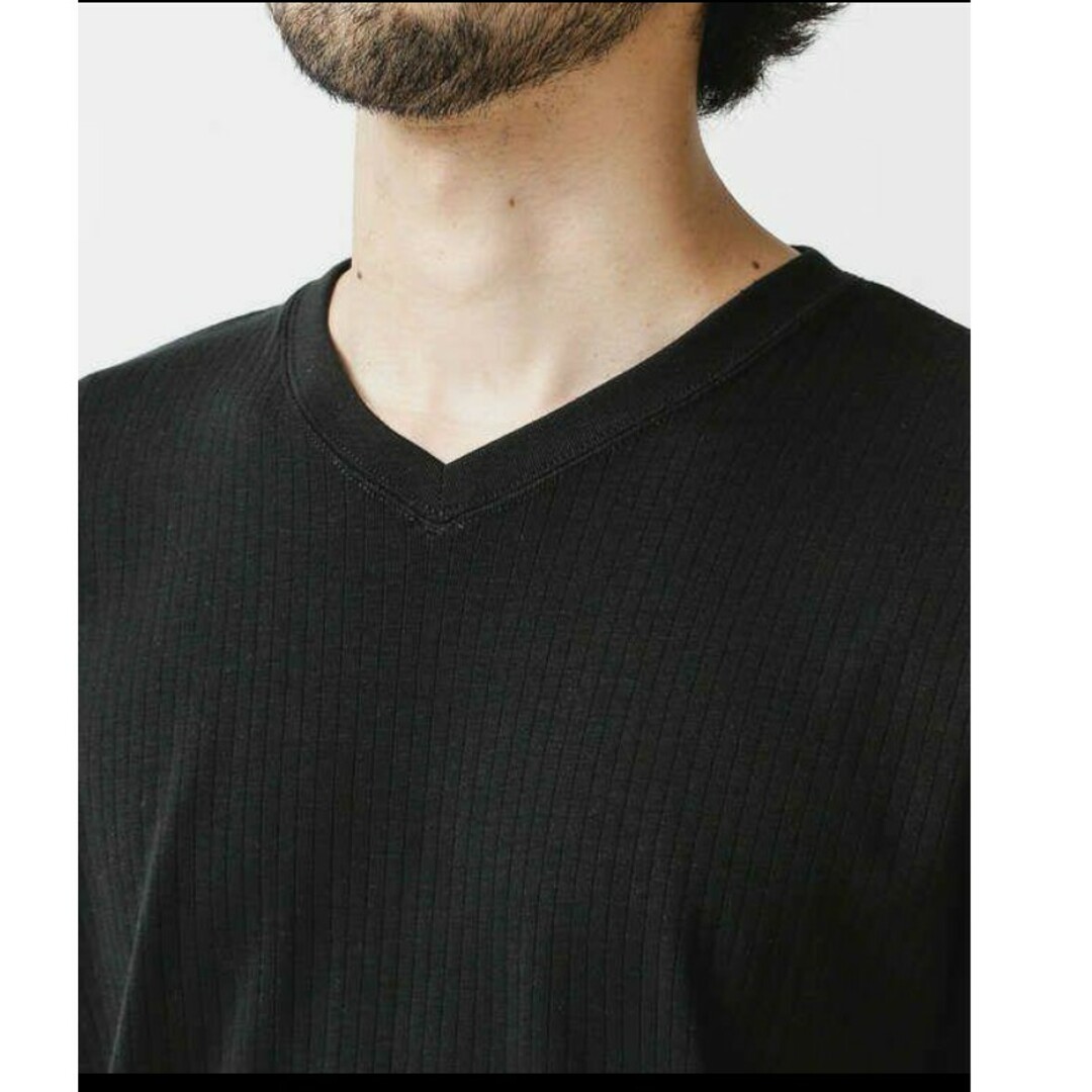 nano・universe(ナノユニバース)のナノユニバース 針抜きリブVネックTシャツ ブラック メンズ Mサイズ メンズのトップス(Tシャツ/カットソー(七分/長袖))の商品写真
