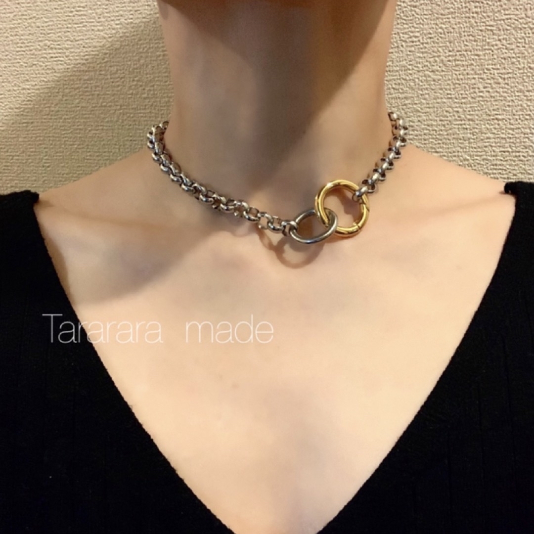 ●handmadeステンレスバイカラーGate necklaceSg●金アレ対応 ハンドメイドのアクセサリー(ネックレス)の商品写真