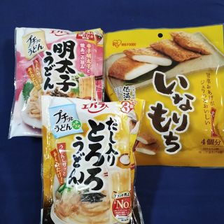 エバラショクヒンコウギョウ(エバラ食品工業)のエバラプチッとうどん明太子、プチッとうどん明太子、アイリスオーヤマいなりもち、餅(調味料)