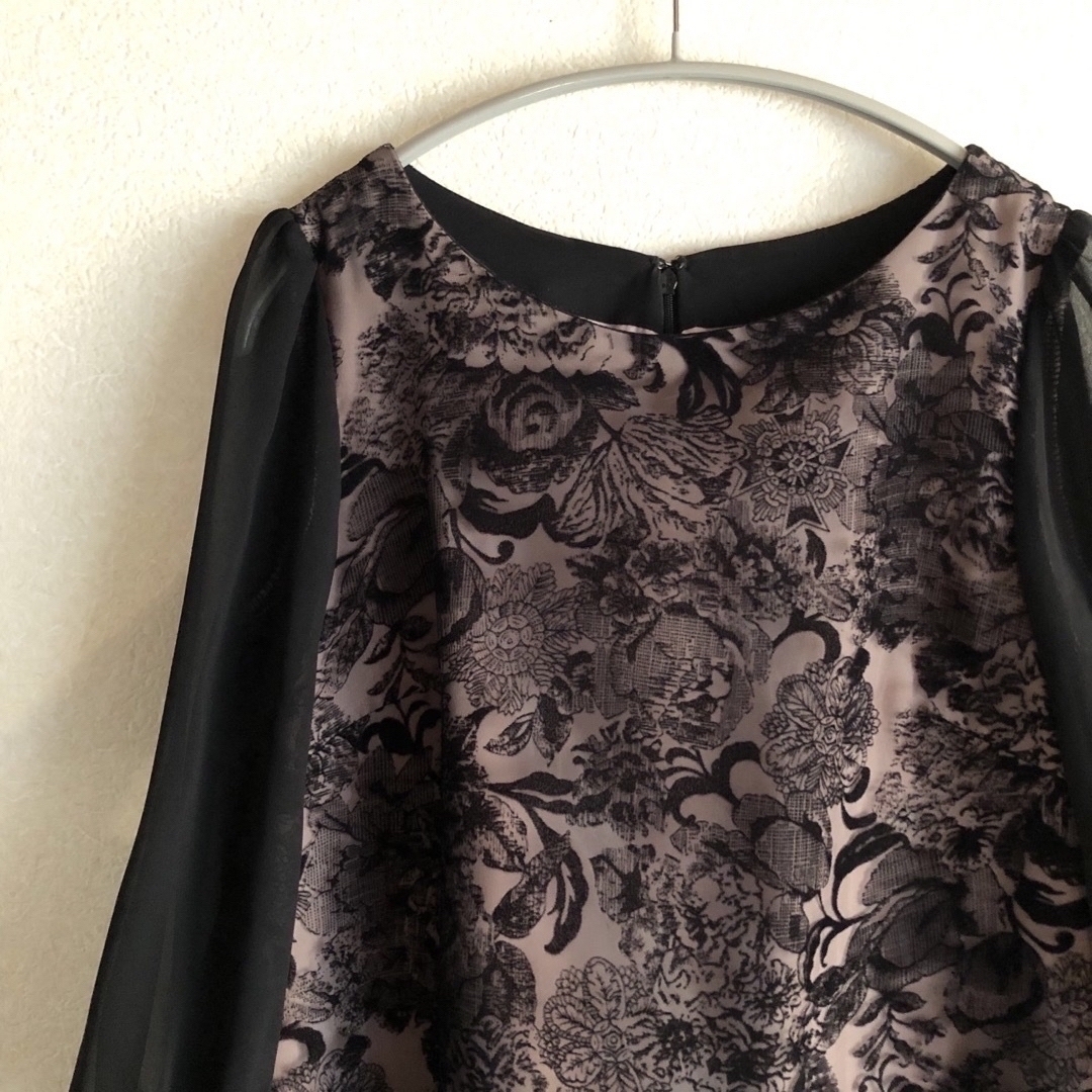 プチローブ ボタニカル柄ワンピース ドレス フォーマル ブラック 七分袖 レディースのワンピース(ひざ丈ワンピース)の商品写真