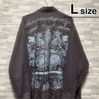 シャツ(shirts)のシャツ　長袖　Lサイズ　グレー　プリント　柄シャツ　コットン　ロック　USA古着(シャツ)