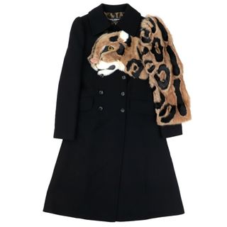 ドルチェアンドガッバーナ(DOLCE&GABBANA)の美品 ドルチェアンドガッバーナ 17AW ランウェイ着用 ヒョウモチーフファー ダブルステンカラーコート レディース 黒 42 レオパード ウール DOLCE&GABBANA(ロングコート)