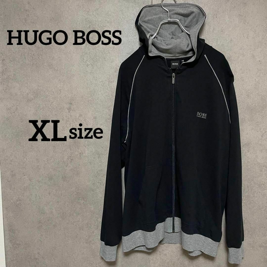 激安単価で 672 HUGO BOSS パーカー 黒 綿 XL大きいサイズ 薄手 - トップス