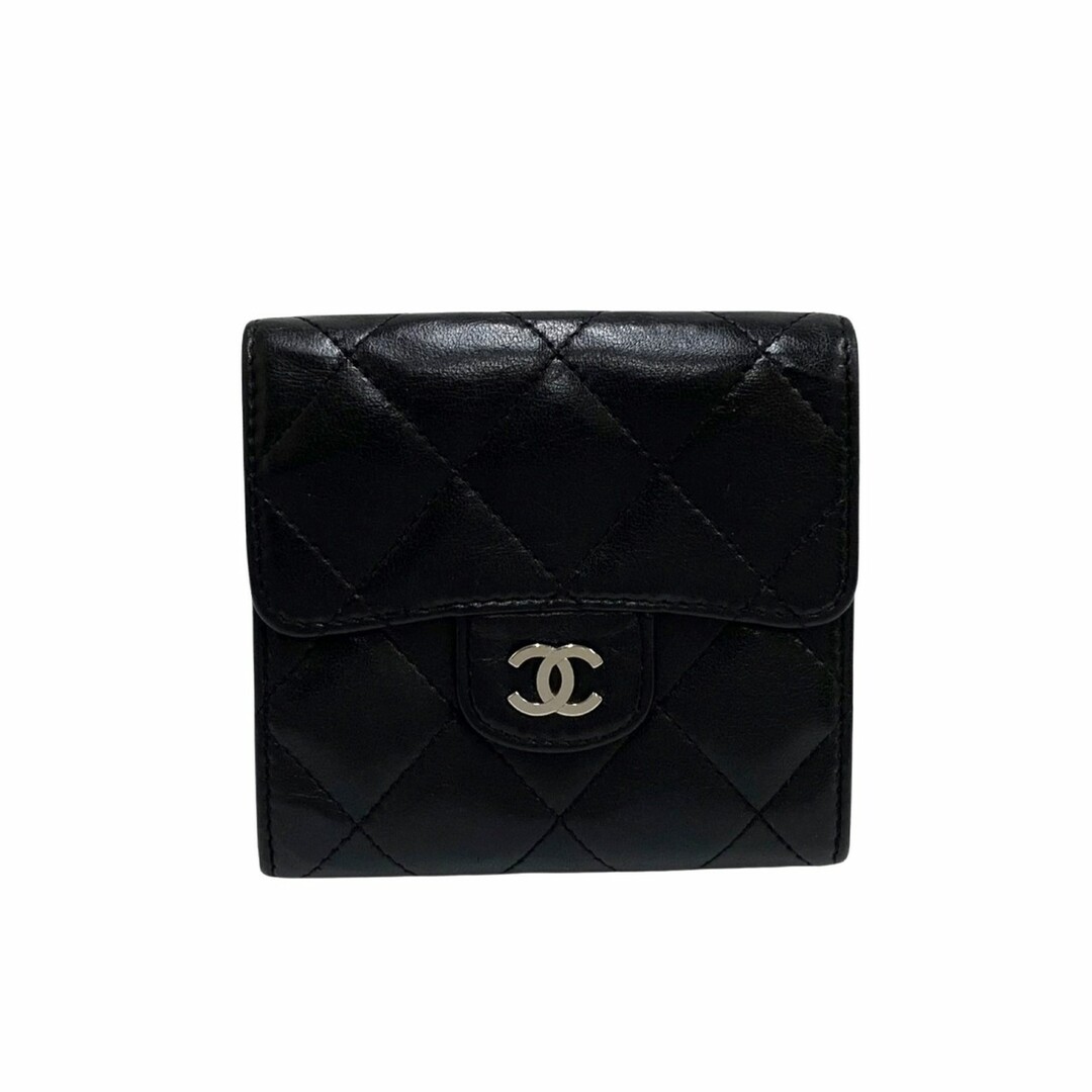 極 美品 シール有 10番台 CHANEL シャネル マトラッセ ラムスキン レザー 本革 Wホック 二つ折り 財布 ブラック 黒 1027kme1036-6