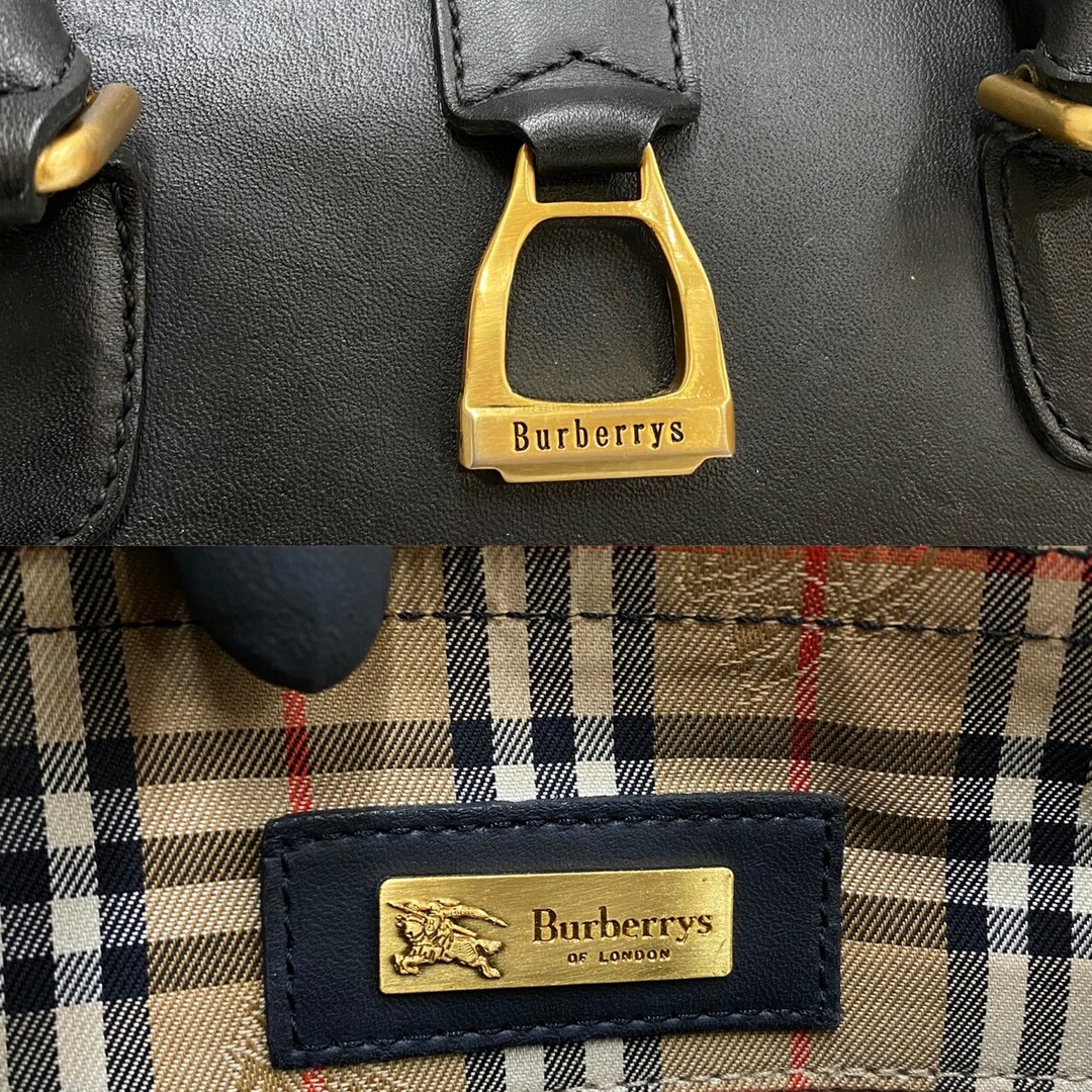 極 美品 希少品 Burberrys バーバリーズ ノバチェック ロゴ 金具 レザー 本革 ハンドバッグ ミニ ボストンバッグ ブラック 黒 14542