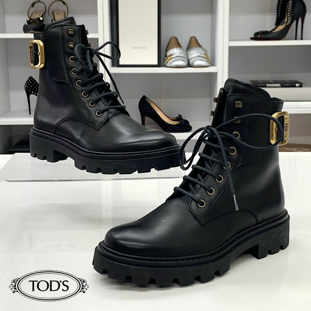 TOD'S(トッズ)の6201 トッズ レザー ベルト レースアップ ショートブーツ ブラック レディースの靴/シューズ(ブーツ)の商品写真