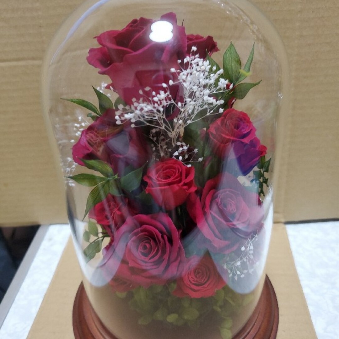ハンドメイド プリザーブドフラワー ガラスドーム特大 フラワーアレンジ 造花無し