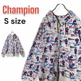 チャンピオン(Champion)の【レア】チャンピオン スウェット ジップパーカー アメフト総柄 S 白 古着女子(パーカー)