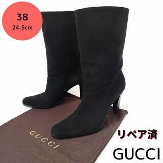 グッチ(Gucci)の美品❤GUCCI【グッチ】ロゴ ミドルブーツ スエード 黒(ブーツ)
