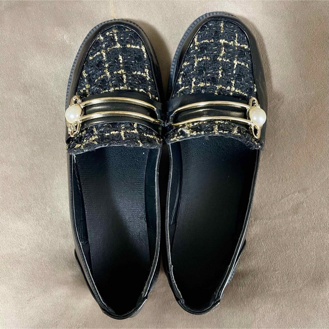 【新品】カジュアルローファー　ツイード風　ブラック レディースの靴/シューズ(ローファー/革靴)の商品写真