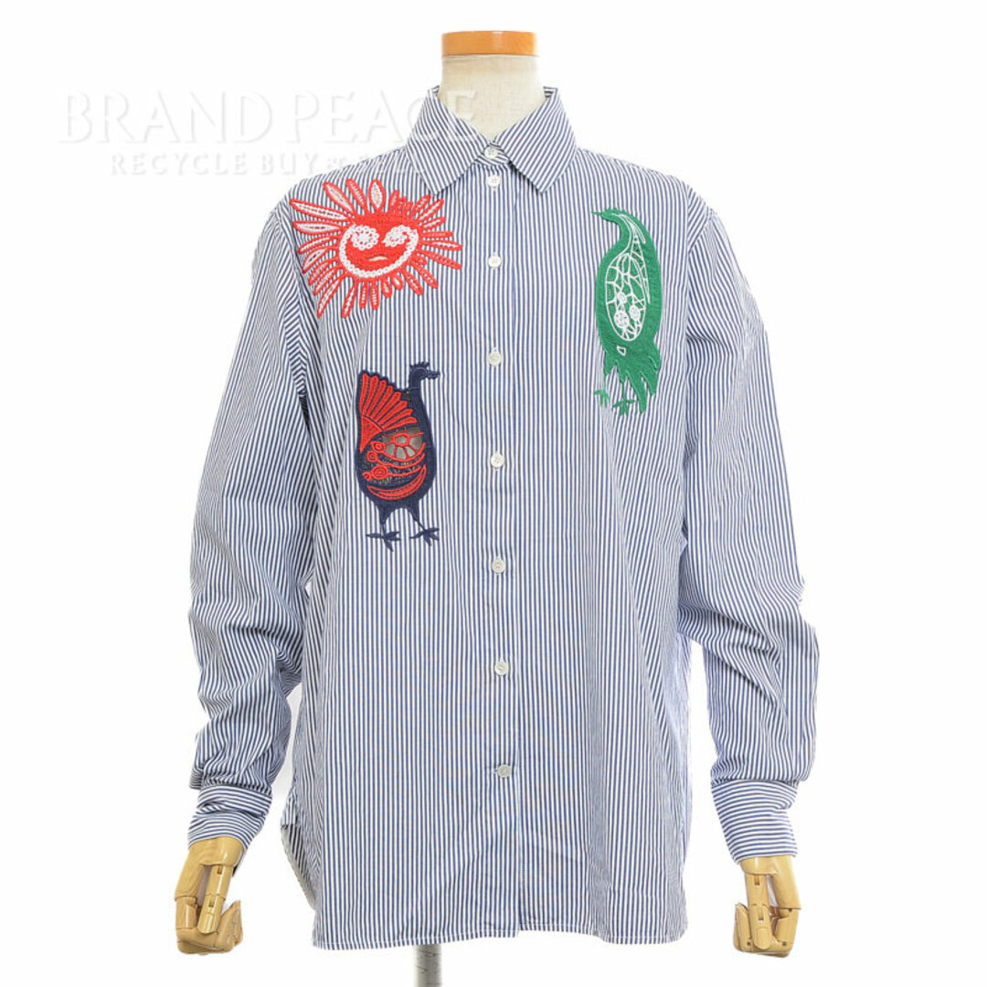 セリーヌ ストライプ 刺繍 長袖シャツ ブルー/ホワイト 36サイズ