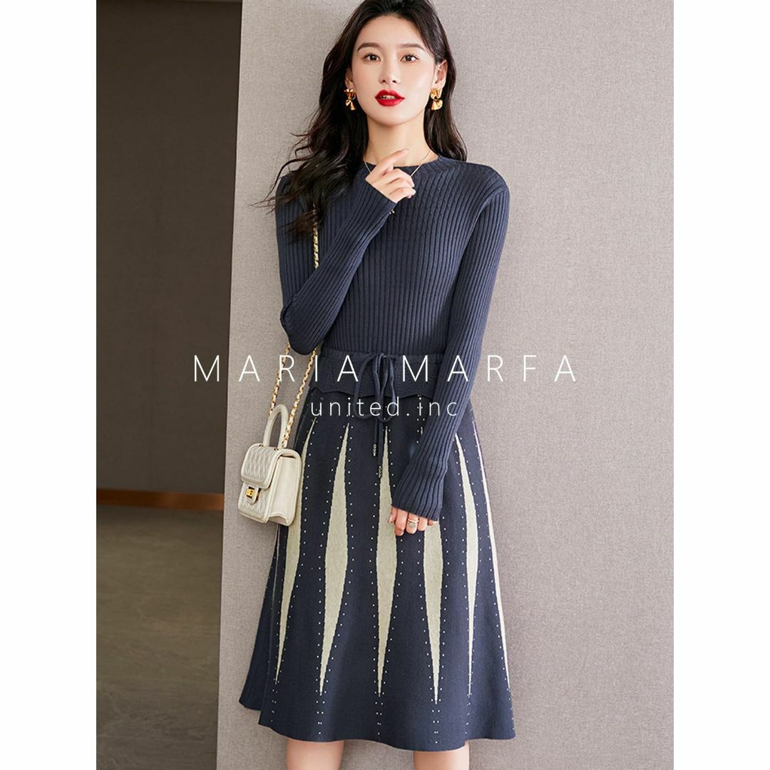 MARIA MARFA ドッキング リブ ニット ワンピース 柄 スカート 長袖の