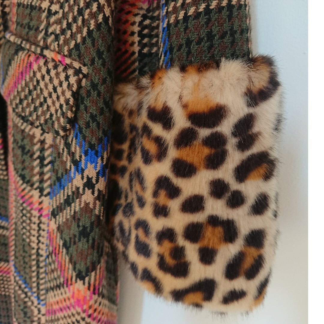 専用 ファー付きチェックコート レディースのジャケット/アウター(ロングコート)の商品写真