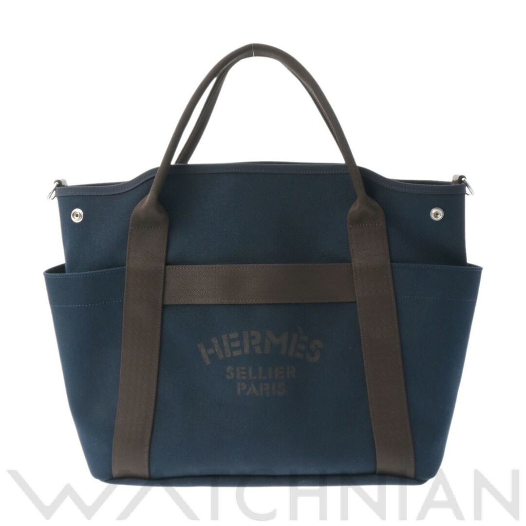 エルメス HERMES ユニセックス 2WAYバッグ ネイビー/オレンジ/ブラウン /パラジウム金具 キャンバス