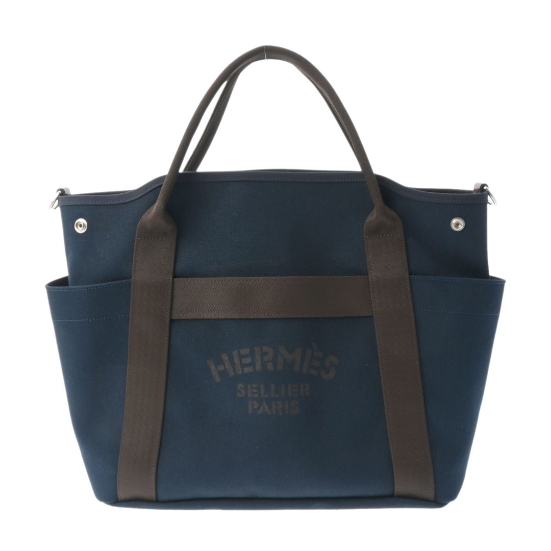 エルメス HERMES ユニセックス 2WAYバッグ ネイビー/オレンジ/ブラウン /パラジウム金具 キャンバス