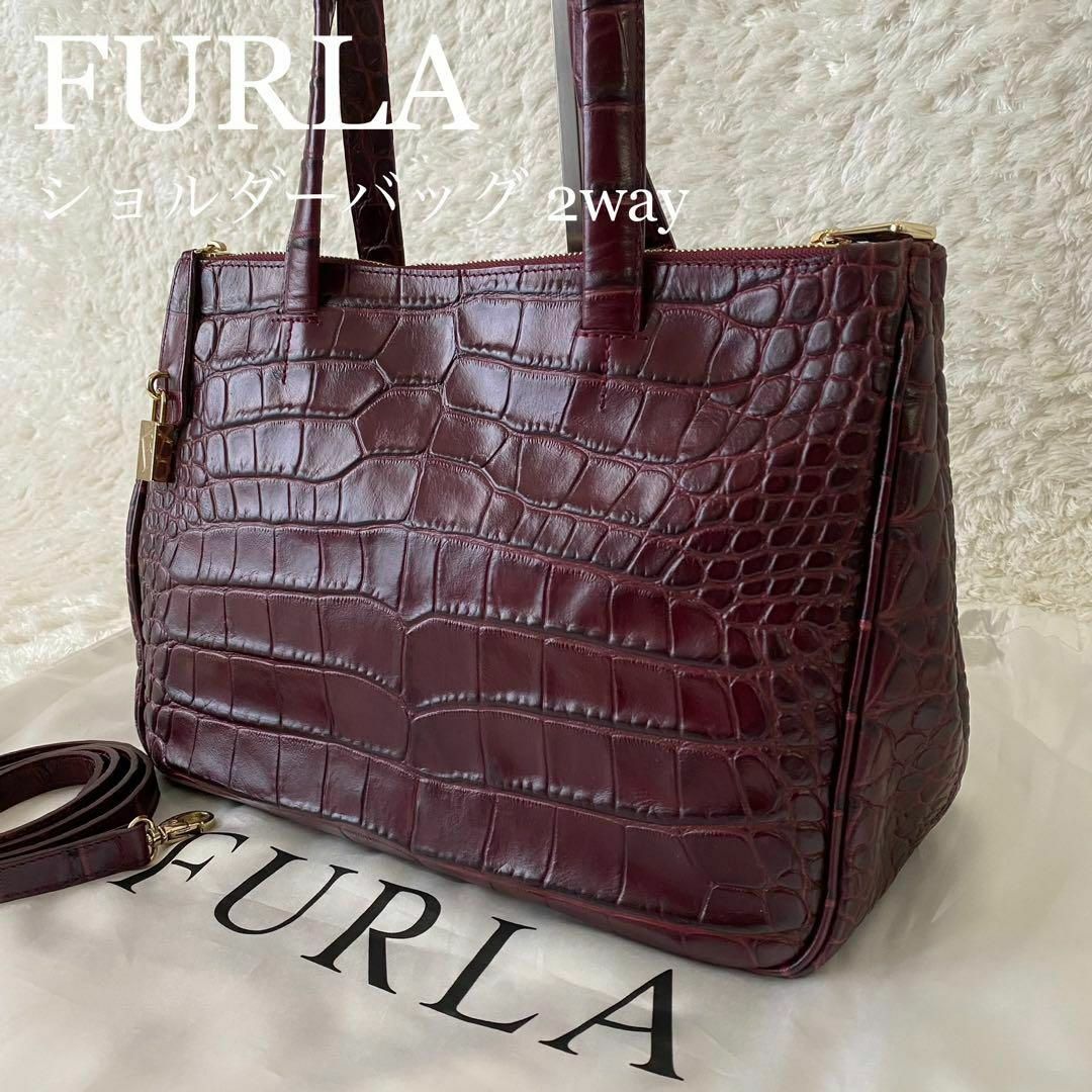 美品★ FURLA フルラ クロコダイル型押しレザー ハンドバッグ ショルダー