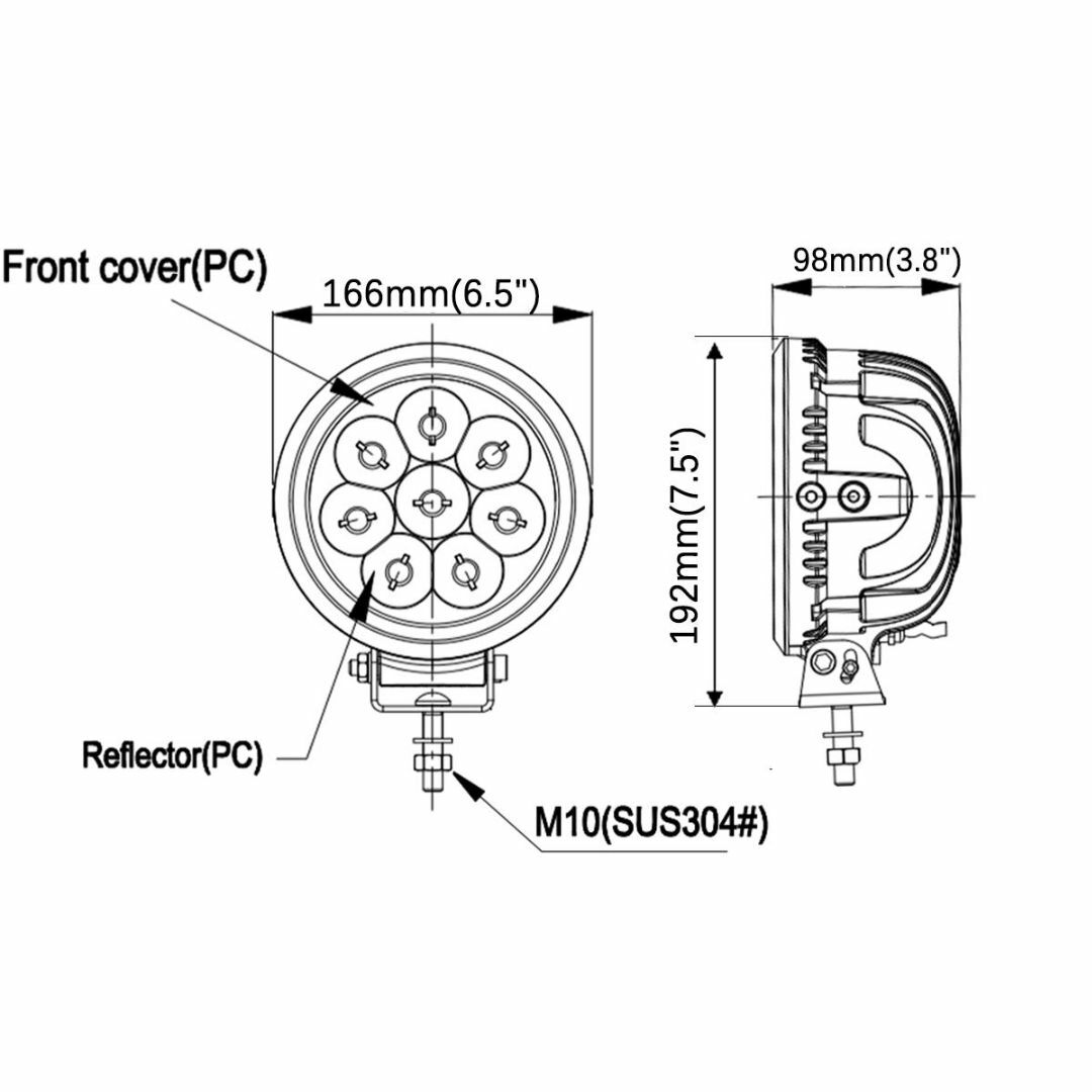 12010A 丸形LED作業灯 直径166mm 80W 6000K 狭角 長距離