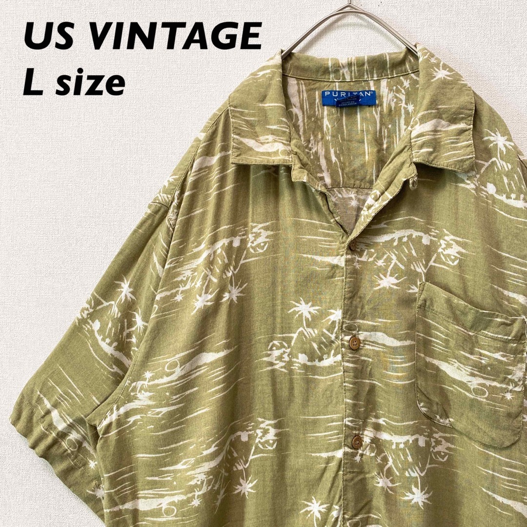 US古着　アロハシャツ　ハワイアン　半袖　総柄　山　ヤシの木　男女兼用　開襟　L メンズのトップス(シャツ)の商品写真