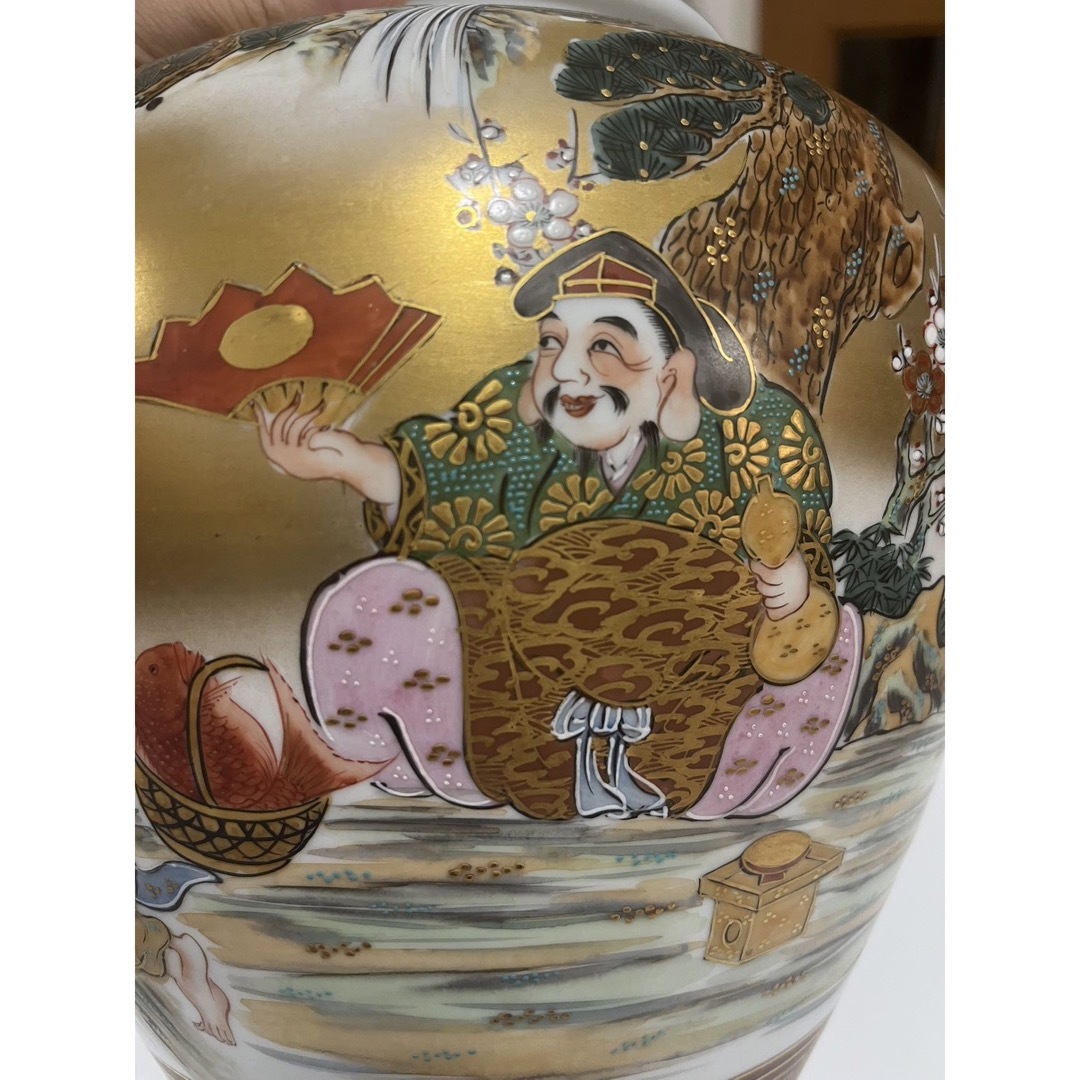 九谷焼 掬翠 七福神 花器 壺 置物 大花瓶 壺花 青粒 金彩 中国