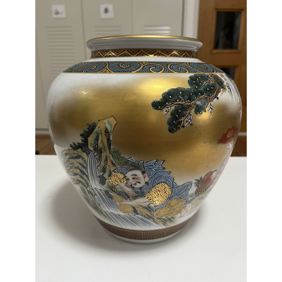 九谷焼 掬翠 七福神 花器 壺 置物 大花瓶 壺花 青粒 金彩 中国