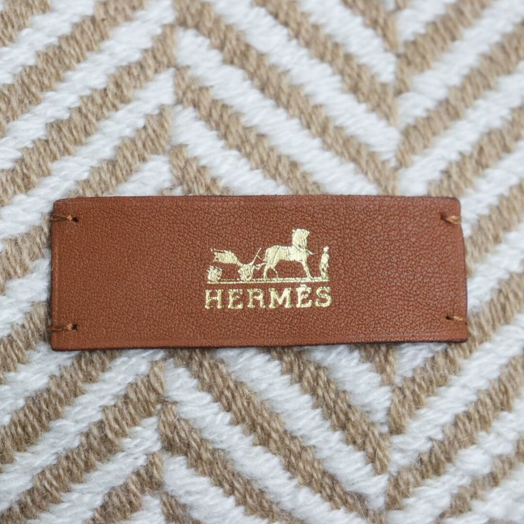 美品●HERMES エルメス カシミヤ100％ ヘリンボーン柄 フリンジ付き 超大判ストール/ブランケット ブラウン×ホワイト 正規品　q05-st30321-01584