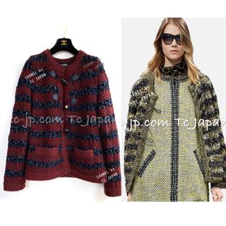 シャネル(CHANEL)の美品 シャネル CHANEL ワインレッド・ネイビー・ウール・アルパカ・カシミア・しっかり ニット・ジャケット カーディガン CCロゴトグル 38 40(カーディガン)