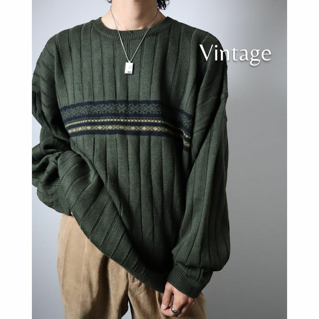 arieニット✿【vintage】リブ編み デザイン ルーズ ニット セーター 2XL 深緑