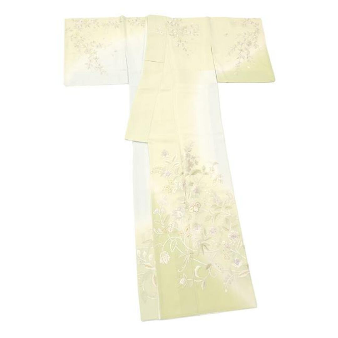 着物だいやす 609■訪問着■刺繍 丹後ちりめん 草花文 桜 薄抹茶色×灰白 特選 身長サイズ:L ガード加工【正絹】【仕立て上がり着物】