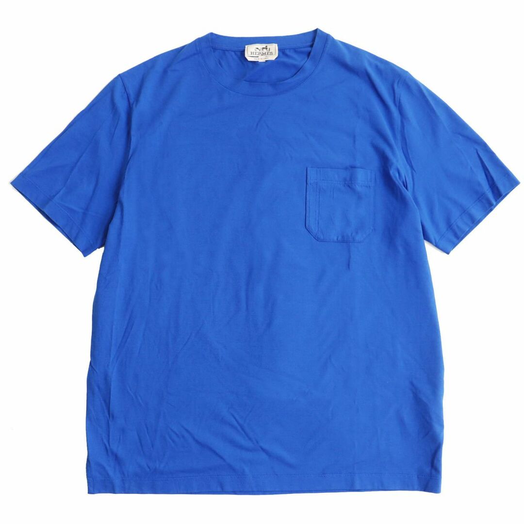 69cm肩幅極美品●2021年製 HERMES エルメス ポケット付き ショートスリーブ/半袖 クルーネック Tシャツ/カットソー ブルー XL イタリア製 正規品