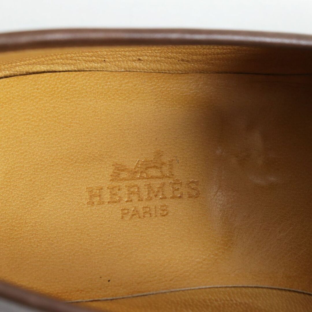 良品●HERMES エルメス アピ/Hロゴ金具 ローファー/スリッポン/レザーシューズ ブラウン×シルバー 40 イタリア製 保存袋付き メンズ