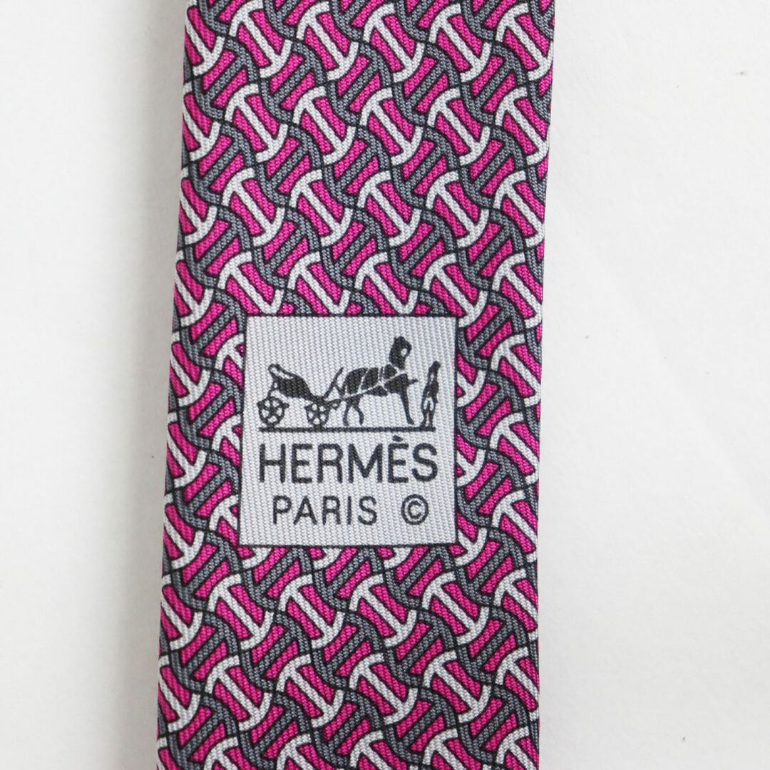 極美品●HERMES エルメス 605719 シルク100％ H/ロゴ総柄 ネクタイ/レギュラータイ ピンク系 フランス製 メンズ ビジネス◎
