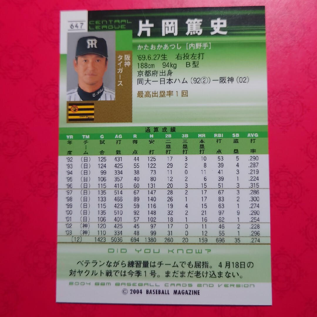 阪神タイガース(ハンシンタイガース)のプロ野球カード 片岡篤史選手2004 エンタメ/ホビーのテーブルゲーム/ホビー(野球/サッカーゲーム)の商品写真