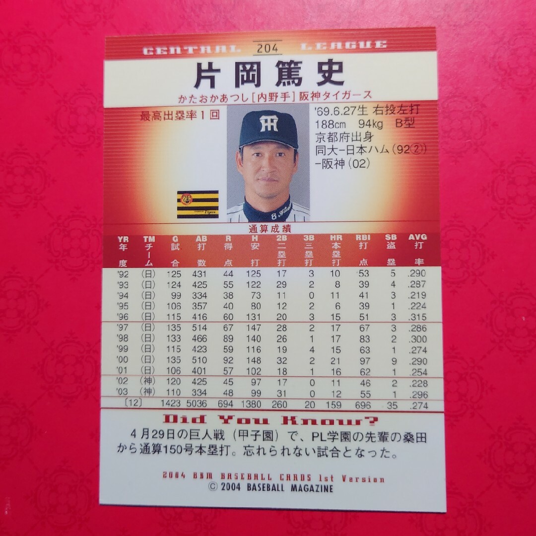 阪神タイガース(ハンシンタイガース)のプロ野球カード 片岡篤史選手2004 エンタメ/ホビーのテーブルゲーム/ホビー(野球/サッカーゲーム)の商品写真