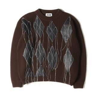 MAGLIANO マリアーノ アーガイル ニット サイズ:S レザー パッチ クルーネック ウール ニット セーター ARLECCHINO PULLOVER プルオーバー ブラウン イタリア製 トップス 長袖【メンズ】【中古】【美品】(ニット/セーター)