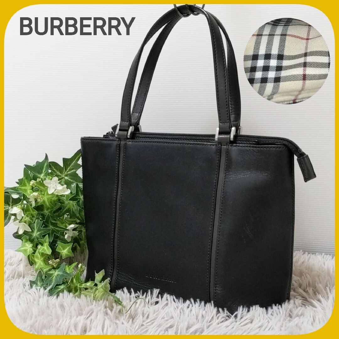 BURBERRY ハンド バッグ 黒 ノバチェック フォーマル ビジネス レザー-