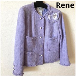 【極美品】 Rene ノーカラーコート コサージュ チェック キルティング 36