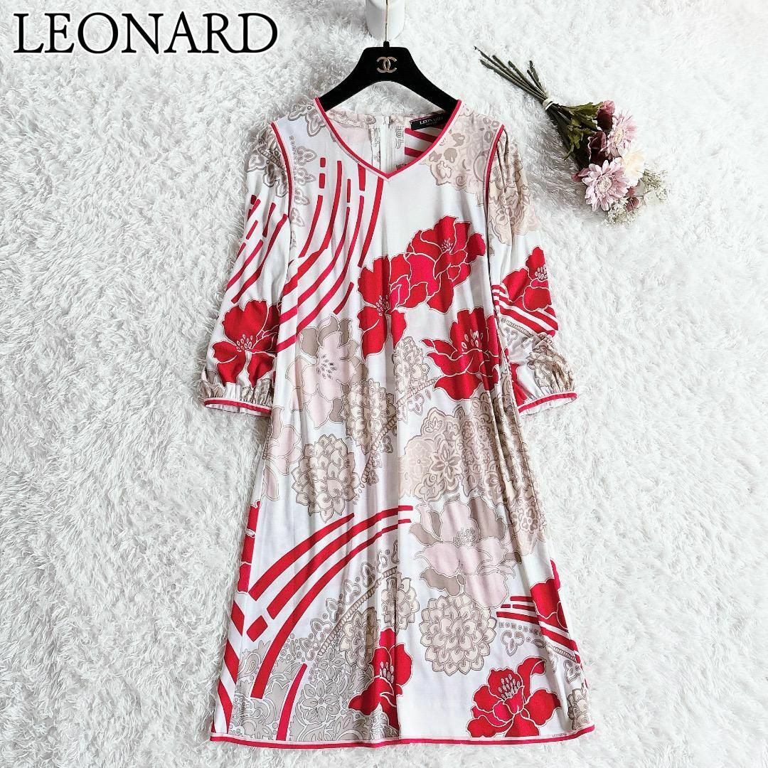 LEONARD - 極美品◇LEONARD◇カンカン素材 花柄ワンピース トリム