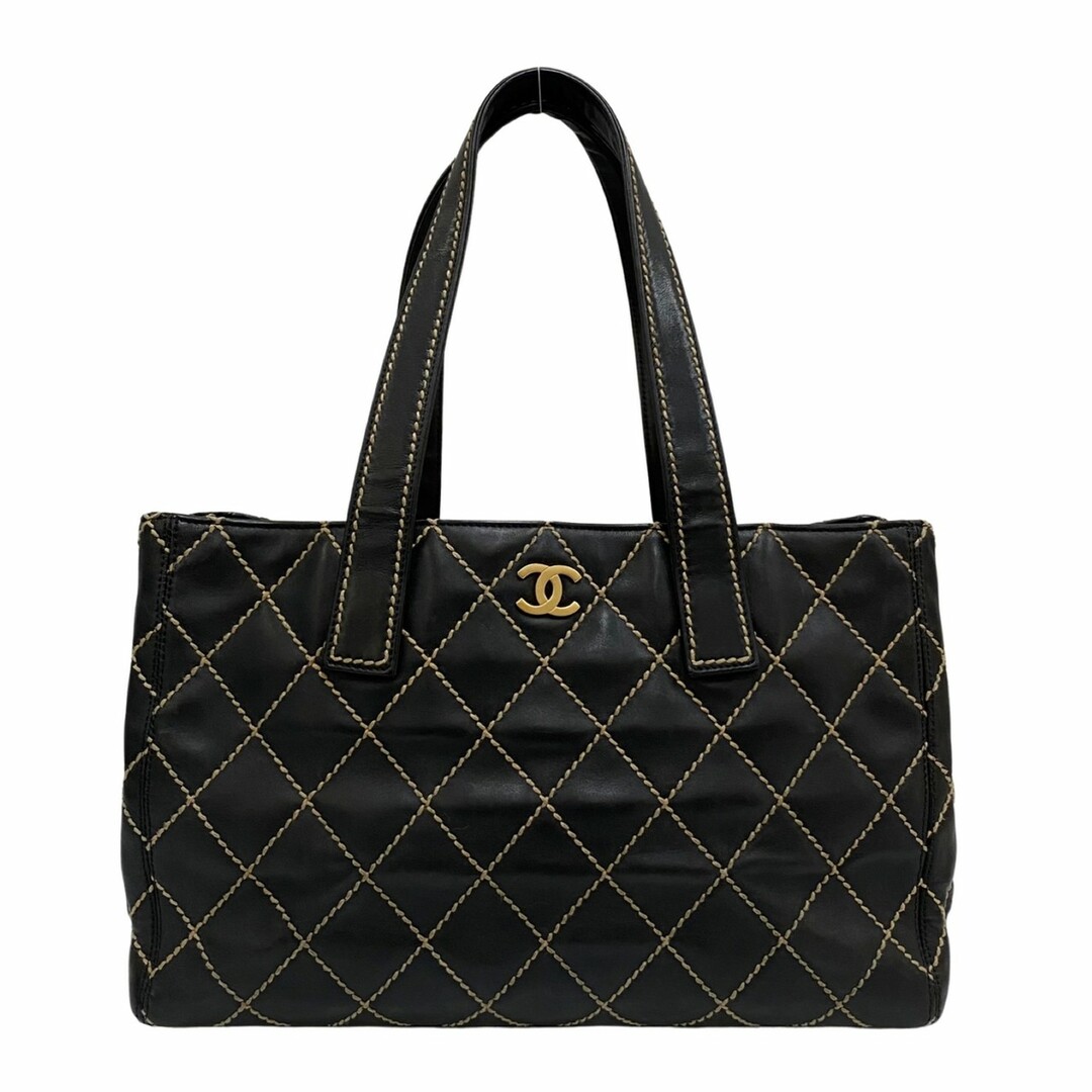 約35cm幅極 美品 シール有 8番台 CHANEL シャネル ワイルドステッチ ココマーク 金具 レザー 本革 トートバッグ ハンドバッグ ブラック 24164