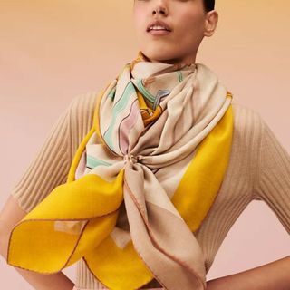 未使用 エルメス HERMES エクスリブリス カシミヤシルク ストール 黄色-