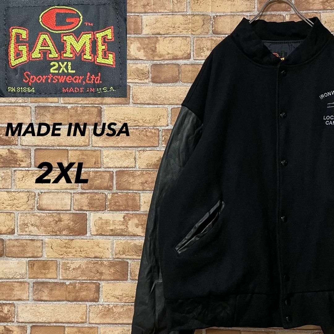 USA製　ヴィンテージ袖革ウールスタジャン　ビッグシルエット　レザー　黒　2XLのサムネイル