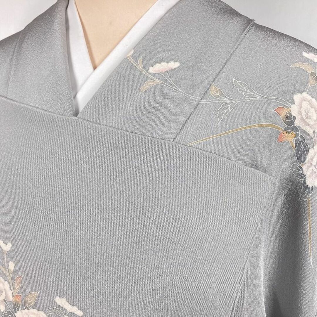 百貫達雄 加賀友禅作家 椿 花柄 訪問着 正絹 グレー 水色 白 百貫達雄 加賀友禅作家 椿 花柄 訪問着 正絹 グレー 水色 白