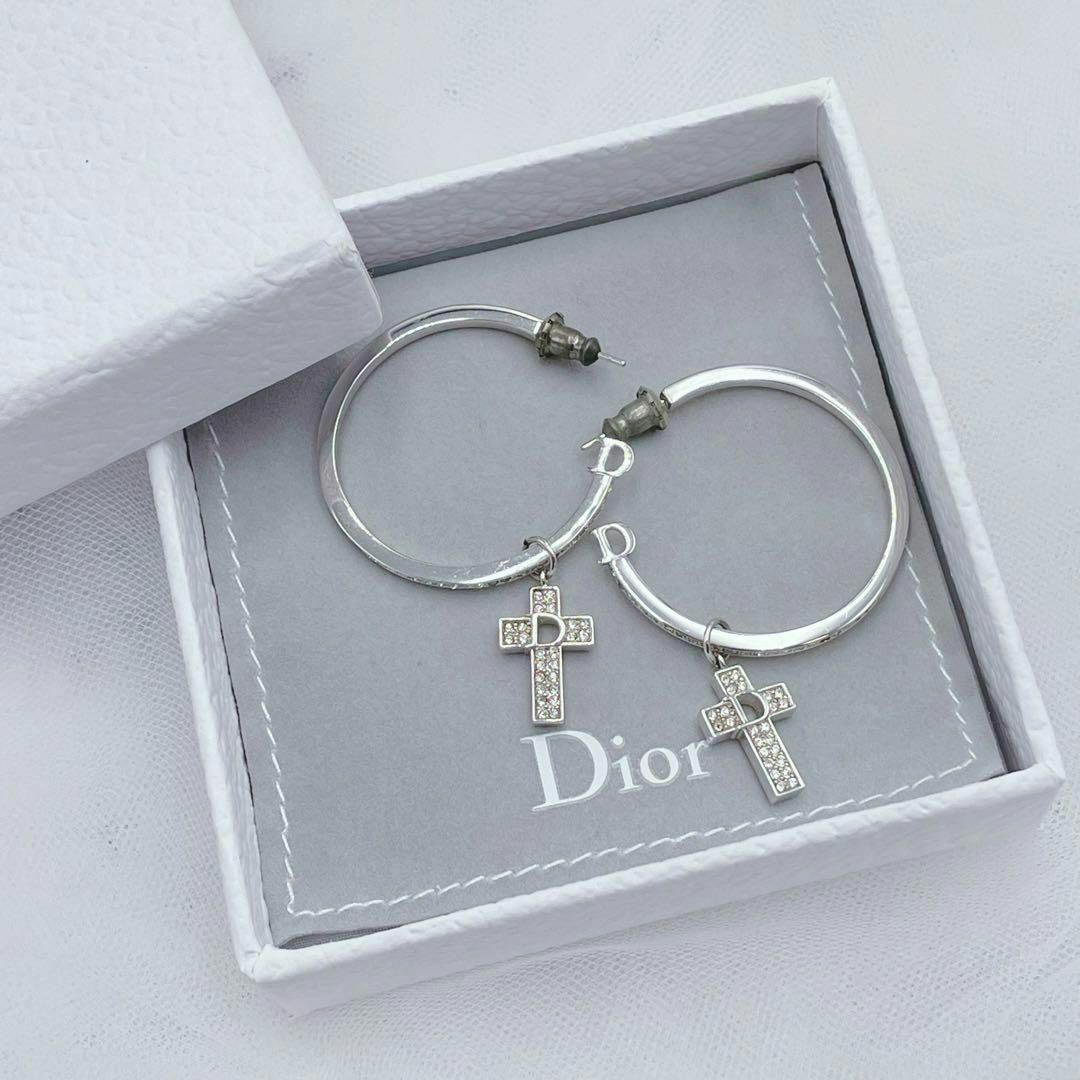 ✨希少✨ Dior クロス フープ ラインストーン ピアス シルバー 2way