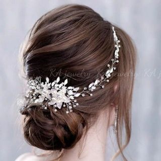 ☆新品シルバーヘアアクセサリー パールウェディングヘッドドレス結婚式ティアラ(ヘッドドレス/ドレス)