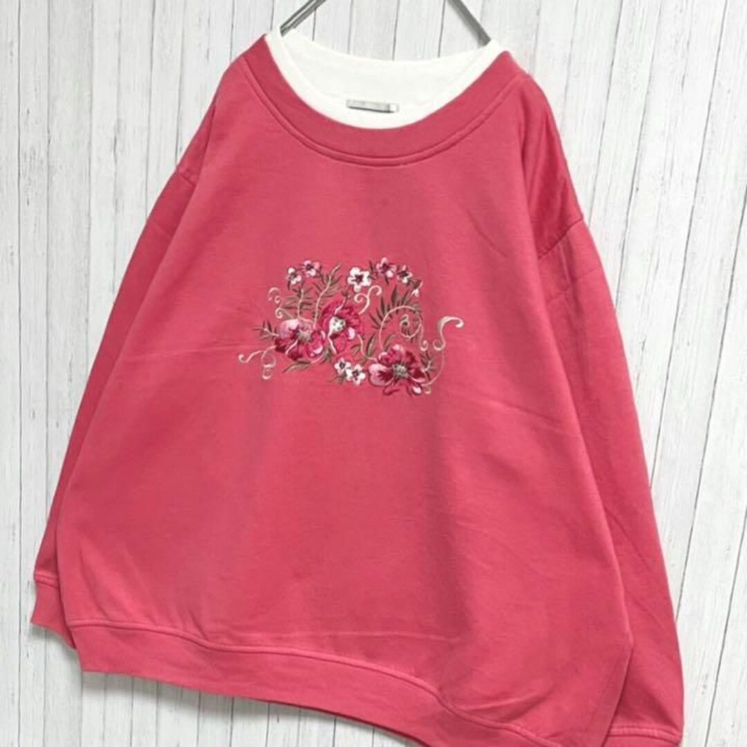 ヴィンテージ　スウェット　ピンク　豪華刺繍　ビッグシルエット　女子　XL