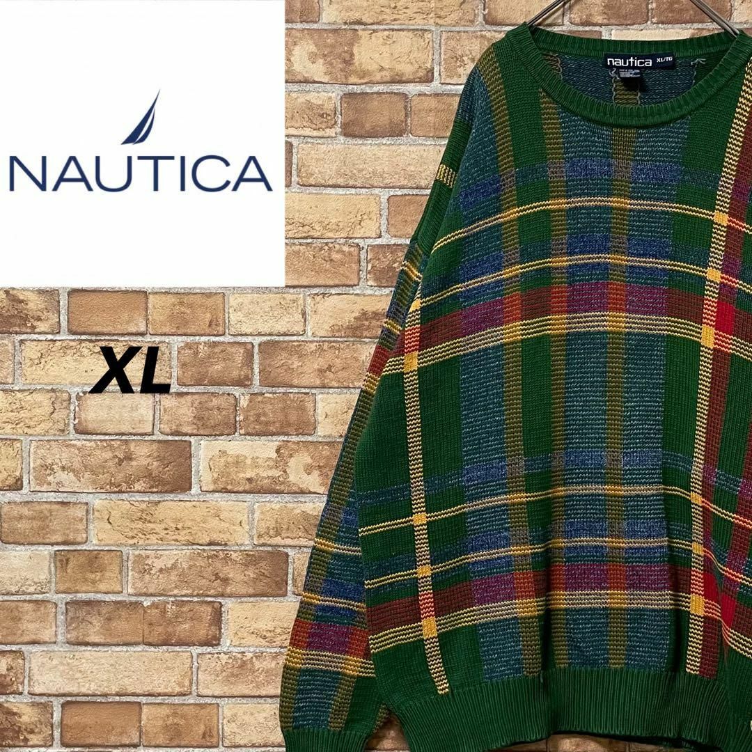 90s ノーティカ クルーネック デザイン ニット セーター XL