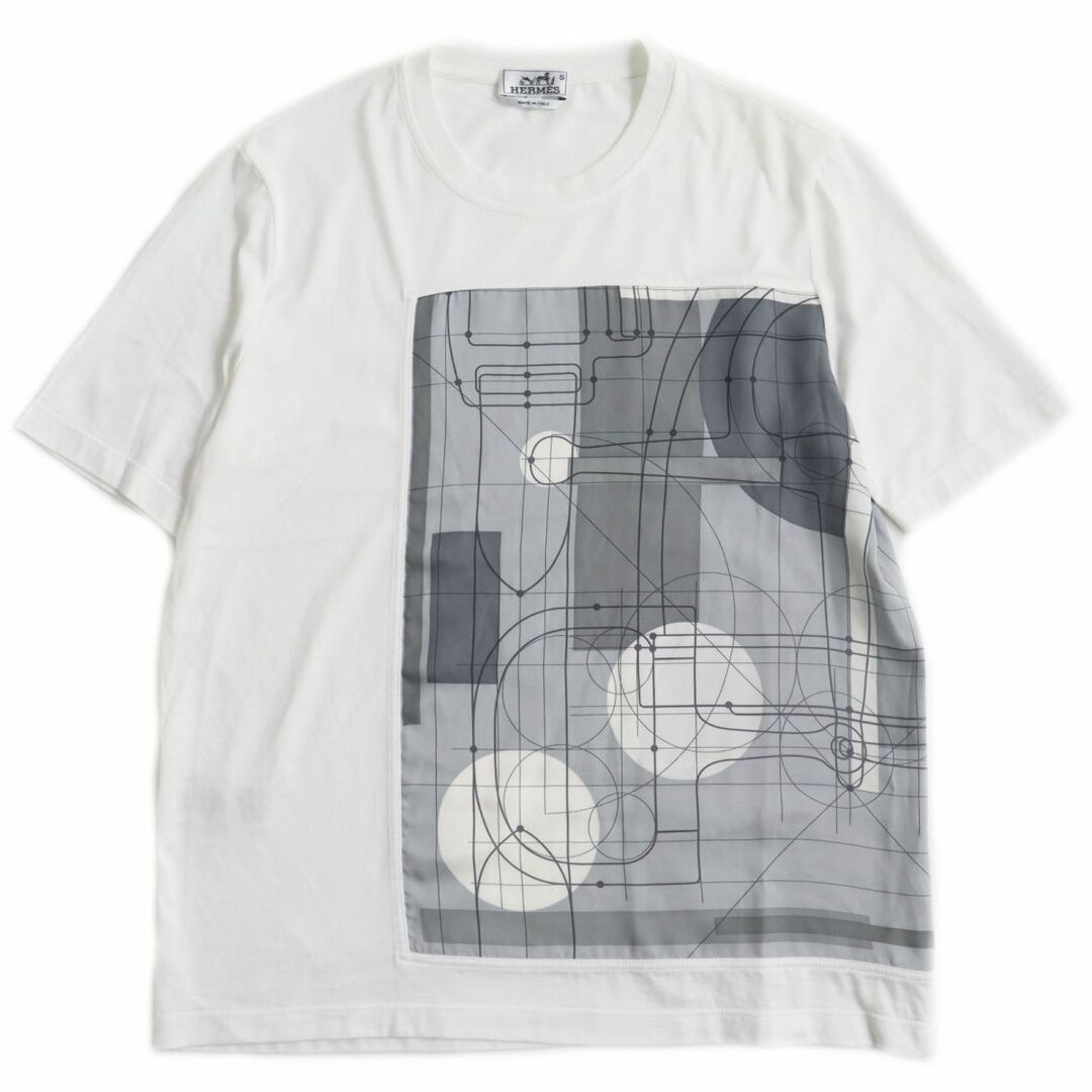 極美品●2020年製 HERMES エルメス シルク切り替え プリント 半袖Tシャツ/カットソー ホワイト×グレー系 M イタリア製 正規品 メンズ46cm袖丈