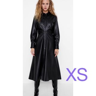 ザラ(ZARA)のZARA フェイクレザー　 ミディワンピース レザー風シャツワンピース  XS(ロングワンピース/マキシワンピース)