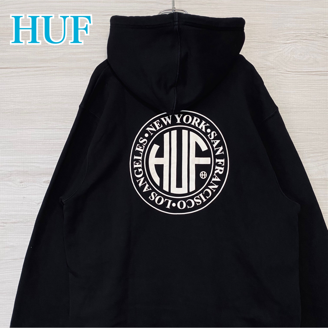 人気デザイン】HUF ハフ パーカー XLサイズ 両面プリント バックプリント-