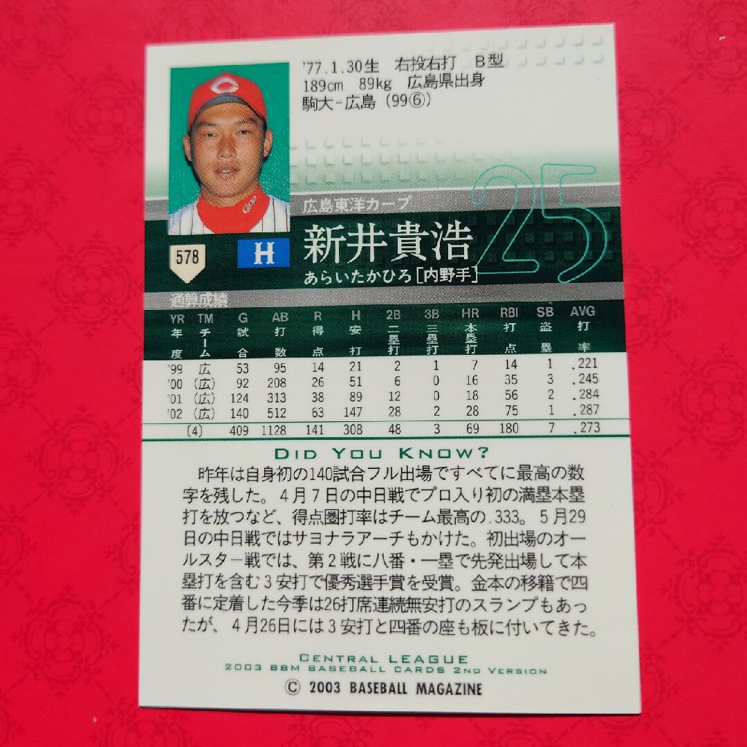 広島東洋カープ(ヒロシマトウヨウカープ)のプロ野球カード 新井貴浩選手2003 エンタメ/ホビーのテーブルゲーム/ホビー(野球/サッカーゲーム)の商品写真