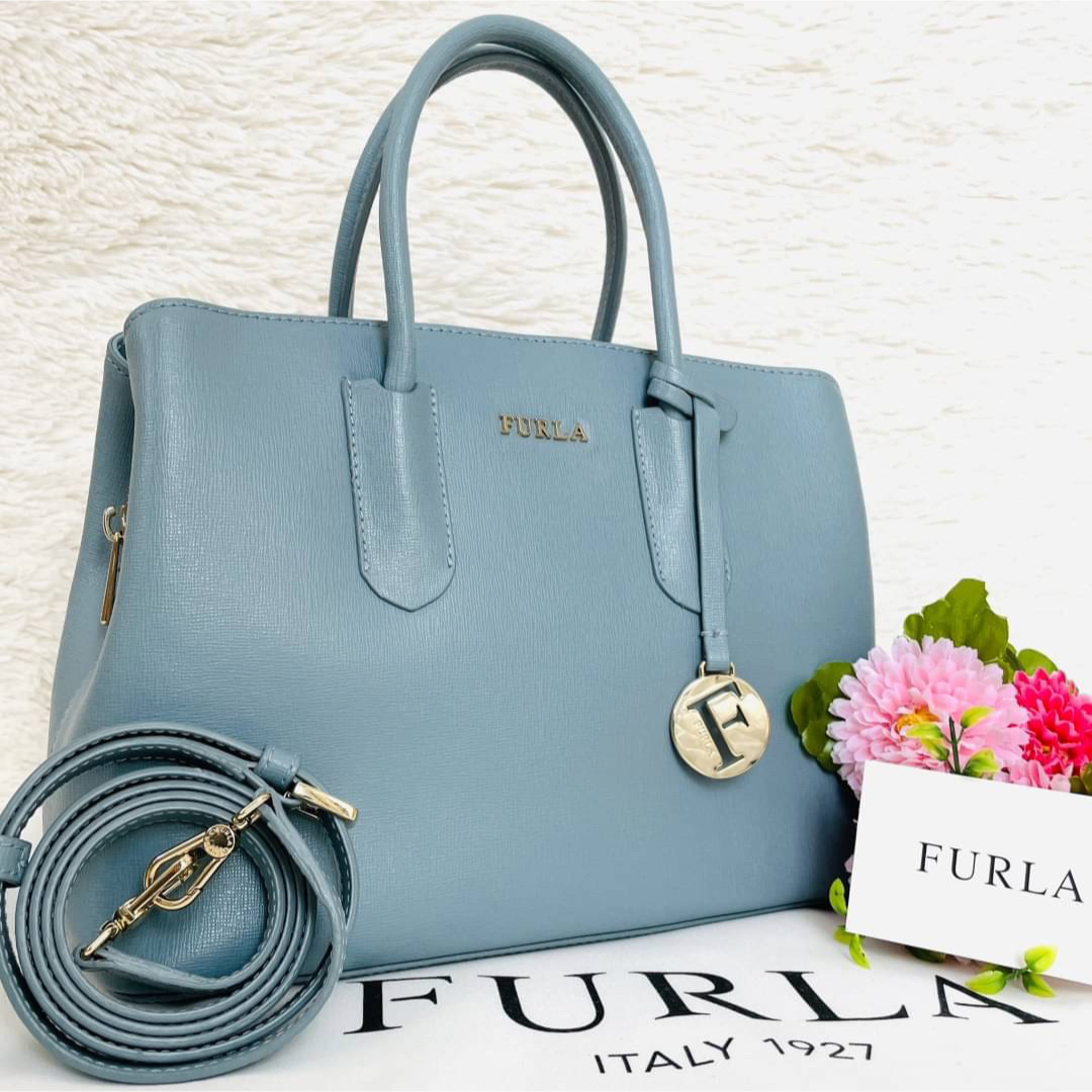 美品☆FURLA フルラ テッサ ショルダーバッグ 2way くすみブルー 大阪